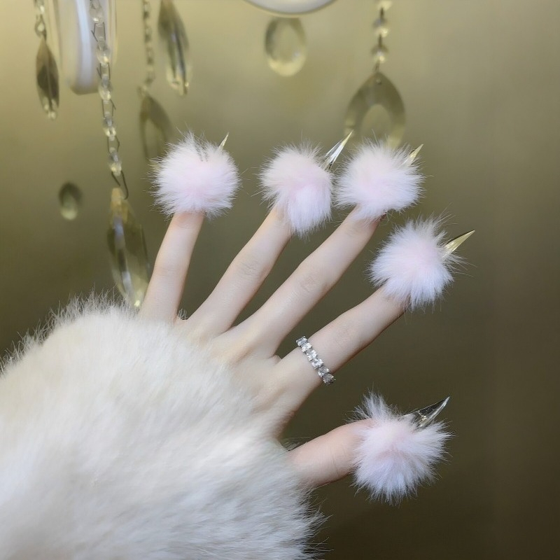 Nail Art Press On - Handgemaakte lange nagels met kattenklauwdesign, pluizige